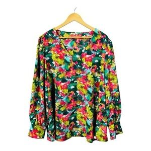 Jodifl Vantage Point V-Neck Blouse Colorful Watercolor‎ Print Women Plus Size 3X